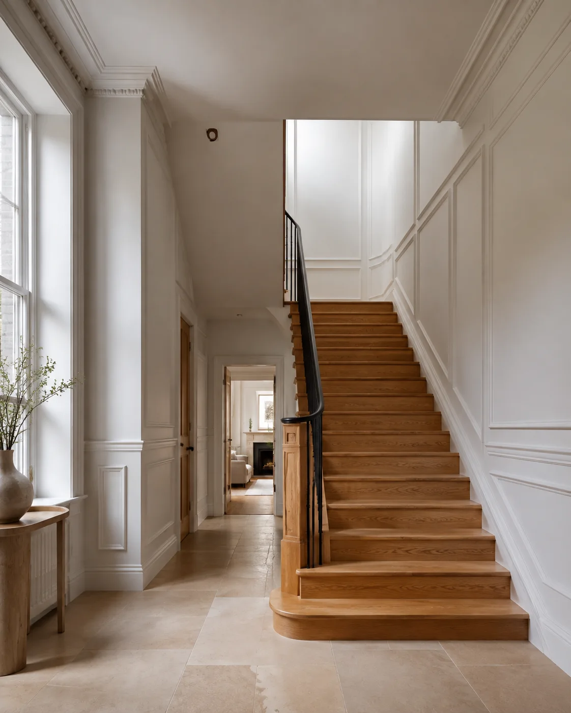 Finished townhouse hallway with an oak staircase and painted wall panelling