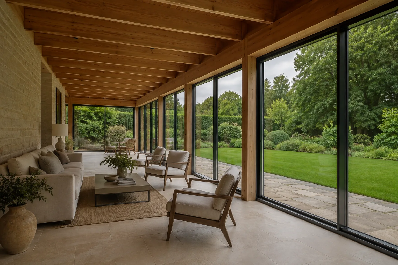 Interior with oak, limestone and full-height glazing