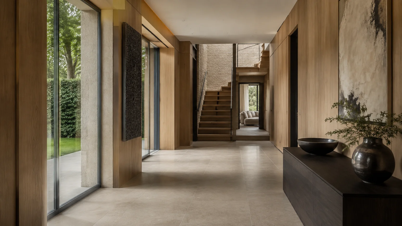 Oak and limestone interior with full-height glazing