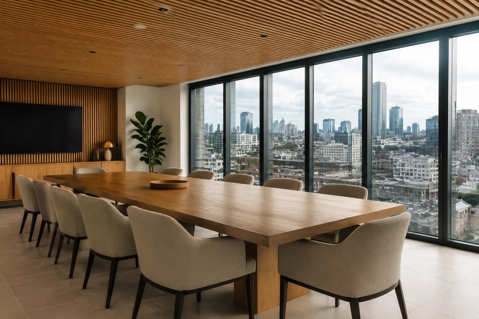 Illustrative timber-ceiling meeting room overlooking the city
