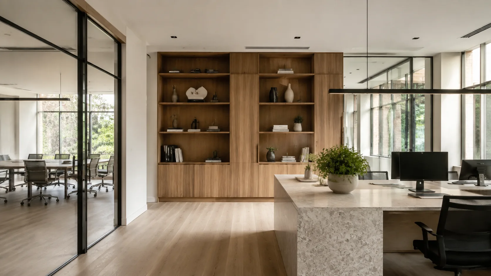 Contemporary workplace with oak and glass finishes