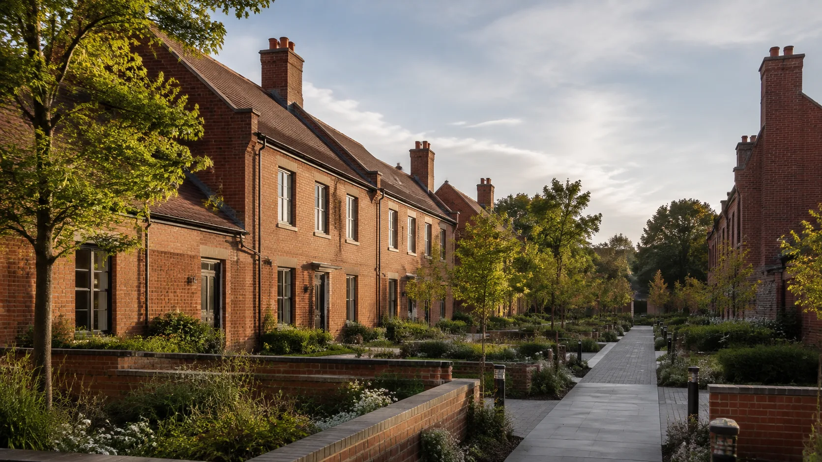 Illustrative low-rise British housing with planted shared spaces