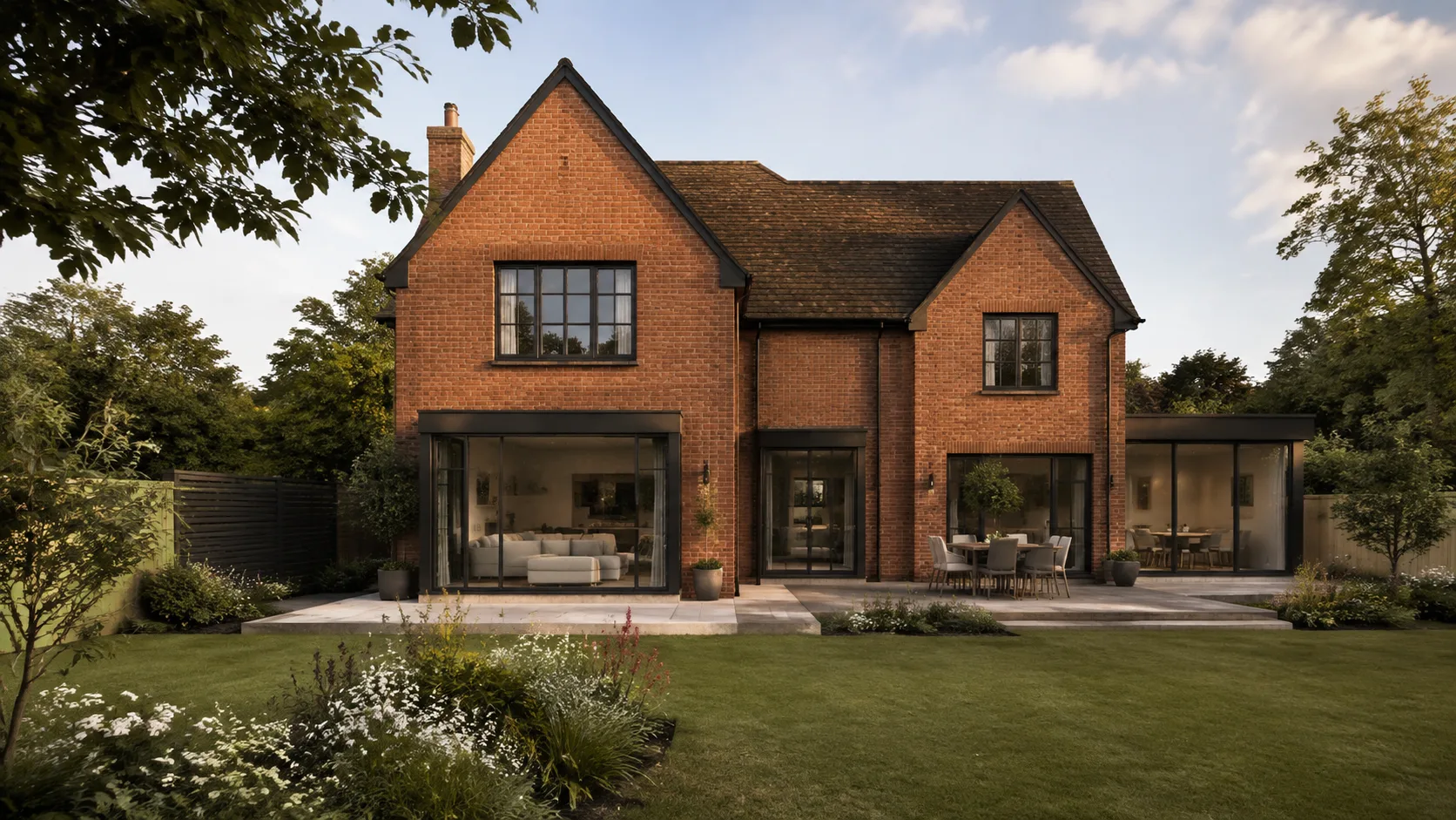 British brick home with a landscaped garden