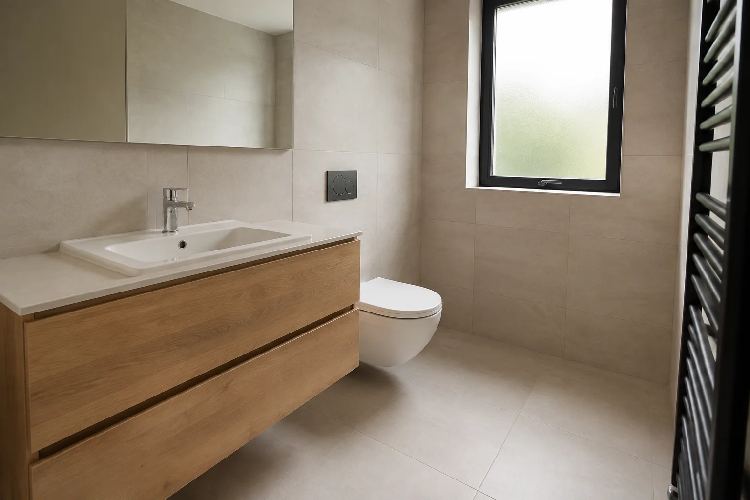 Bathroom with an oak vanity and limestone finishes