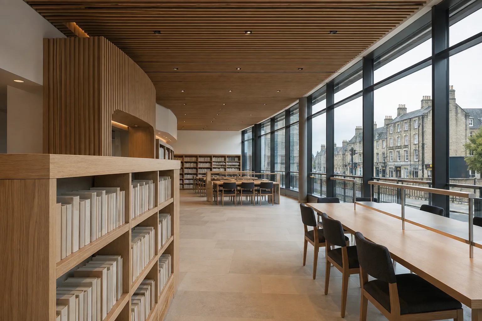 Library reading area with timber shelving and full-height windows