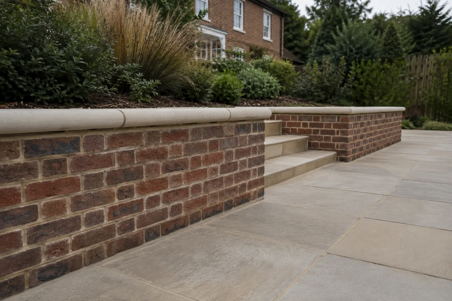 Brick garden wall, steps and paved terrace