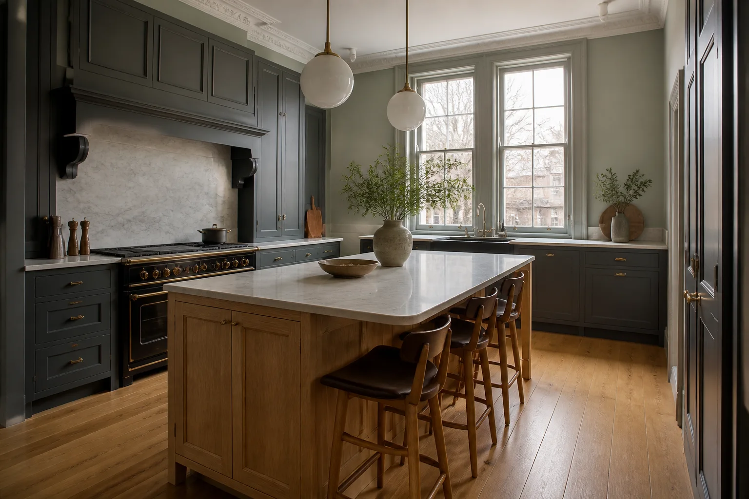 Kitchen with dark cabinetry and an oak island